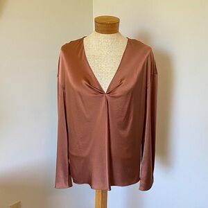 Vince 100% silk copper deep v neck pin tucked long sleeve loose sexy blouse Sz M